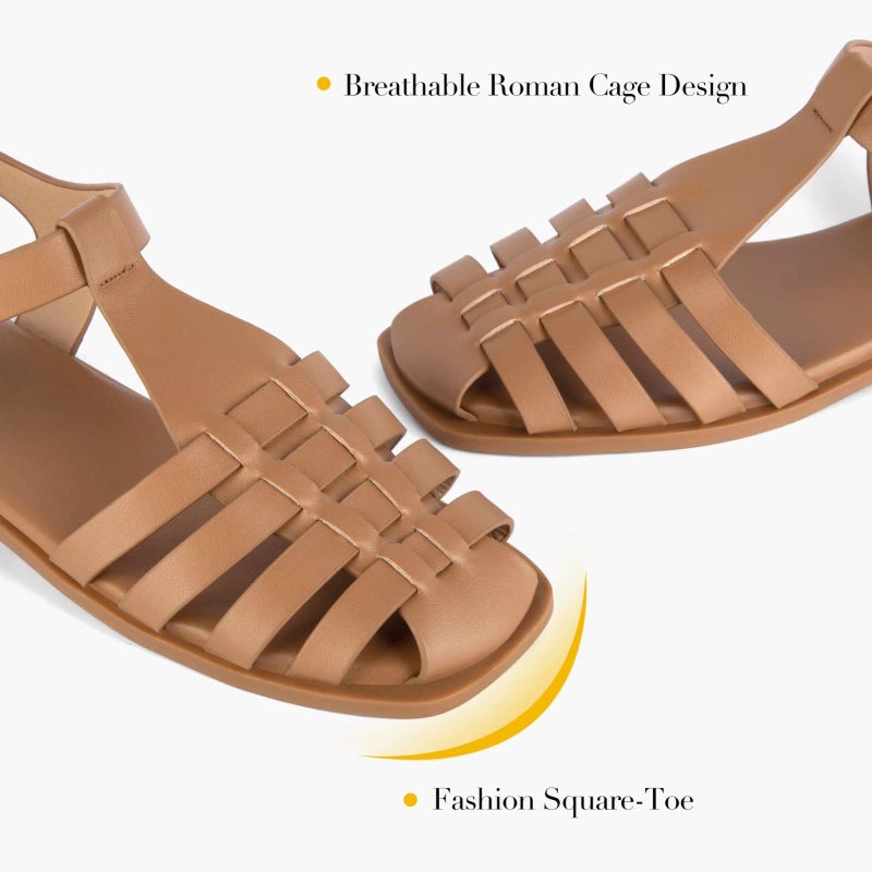 MaxMuxun Women's Flat Sandals Closed Toe Summer Roman Sandals Beach Sandals Square Toe Gladiator Outdoor Shoes Camel Size 6 - Image 4