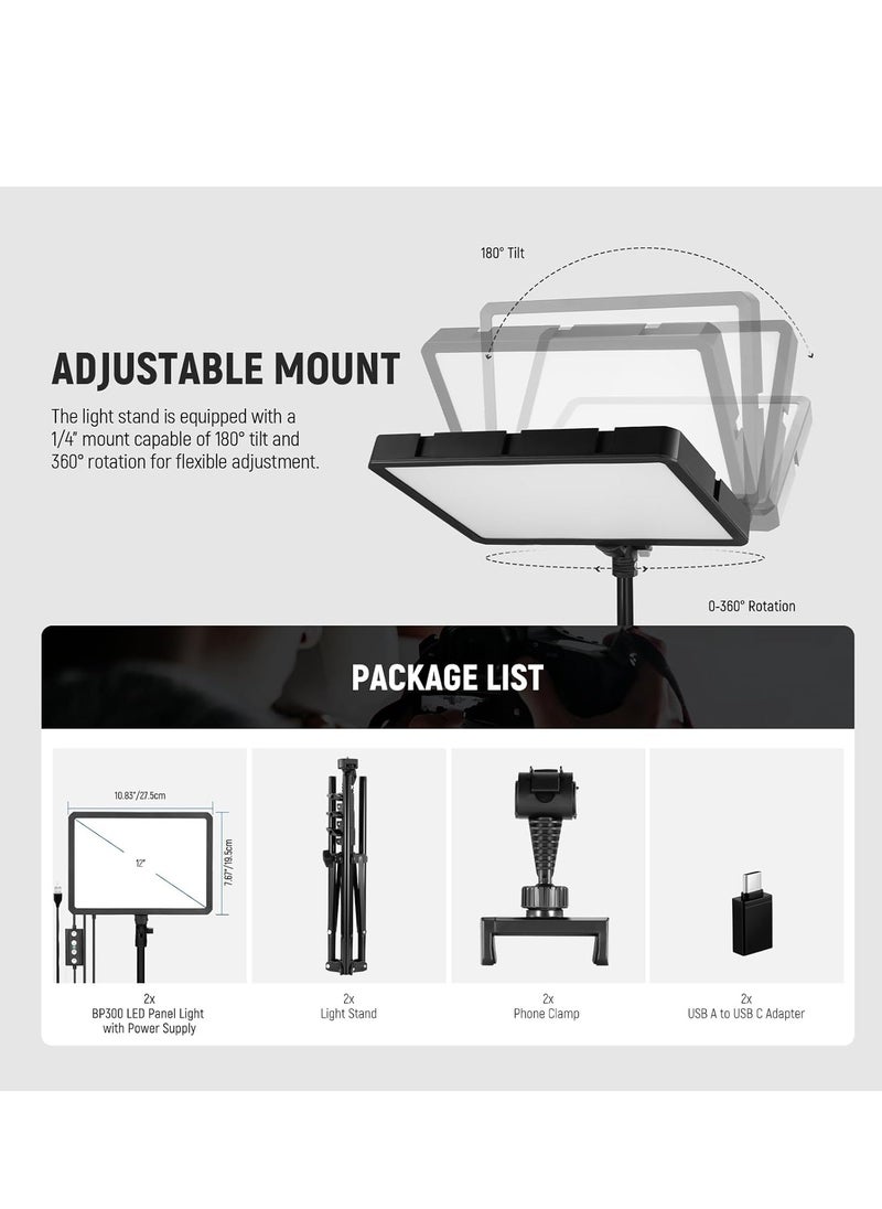 Neewer NEEWER BASICS 2 Pack LED Video Light Panel Lighting Kit with 2 59'' Stands & 2 Phone Holders, 850lx/0.5m Bi Color 2700K-6500K Dimmable Studio Light for Photography Filming Recording Live Stream, BP300  - Image 4