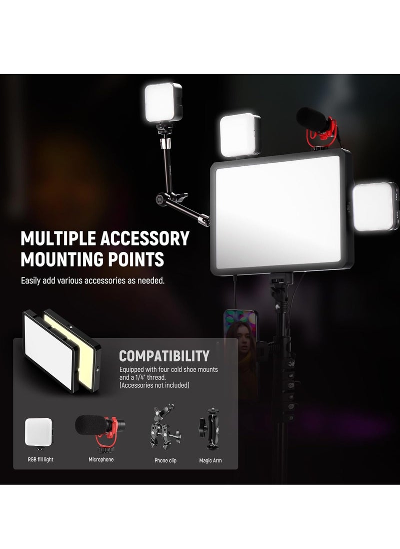Neewer NEEWER BASICS 2 Pack LED Video Light Panel Lighting Kit with 2 59'' Stands & 2 Phone Holders, 850lx/0.5m Bi Color 2700K-6500K Dimmable Studio Light for Photography Filming Recording Live Stream, BP300  - Image 2