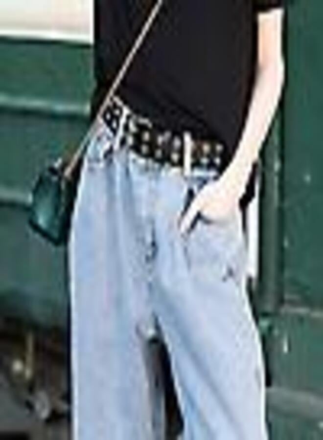 Double row leather belt with silver eyelets and buckle - Image 1