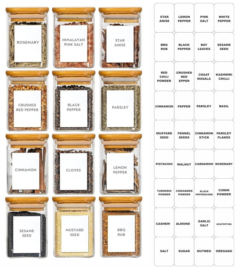 TIENER 230 ML Glass Storage square Containers with Lids and spice lable, set of 12 PC JAR, Glass Jars with Lids, Clear Food Jar, Square Canister, Pantry Organizers (12 PCS SQ BAMBOO 230ML) - Image 1