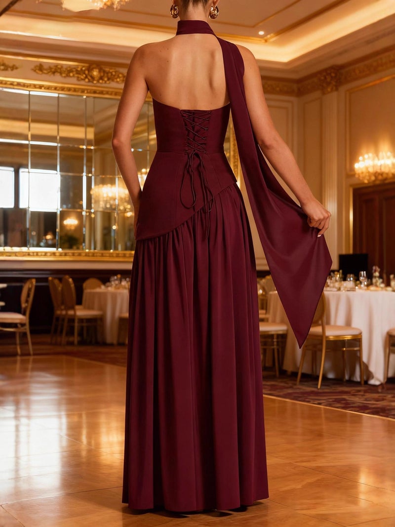 Sexy Backless Halter Dress with Split and Sash - Image 3