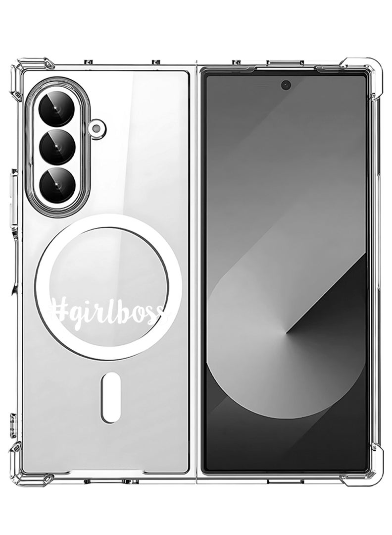 Theodor Magnetic Case for Samsung Galaxy Z Fold 7 Compatible with MagSafe Wireless Charging, Shockproof Phone Bumper Cover Girl boss - White - Image 1
