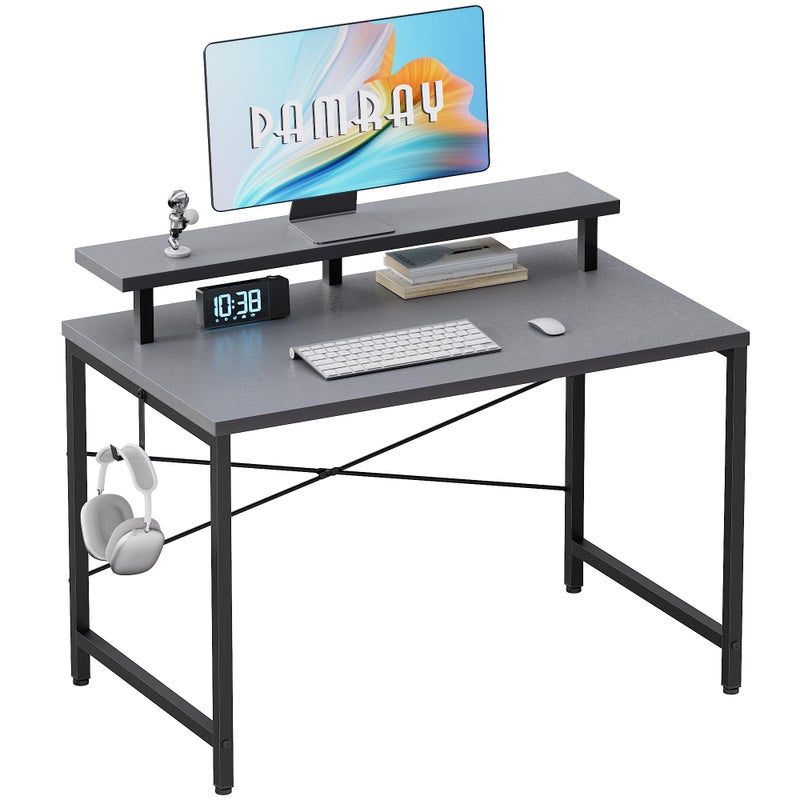 Pamray 32 Inch Small Computer Desk with Monitor Stand, Simple Office Desk with Headphone Hook for Small Spaces, Kids Study Writing Table for Bedroom, Grey - Image 1