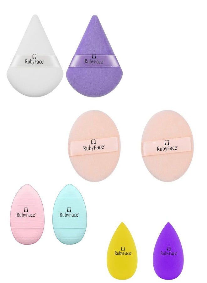 Ruby Face RubyFace 2 Triangle Makeup Sponge & 2 Powder Puff Set | 2 Mini Beauty Blender Sponges & 2 Mini Finger Soft Powder Puffs for Foundation, Concealer, Cream & Powder, Wet & Dry Use- Multicolors (8 Pcs) - Image 1