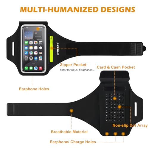HAISSKY Running Armband with Earphone Bag Cell Phone Armband for iPhone 16 15 Pro 14 Plus 13 11 XR XS, Galaxy S24/S10 Water Resistant Sports Phone Holder Case & Zipper Slot Car Key Holder for 6.9 inch Phone - Image 5