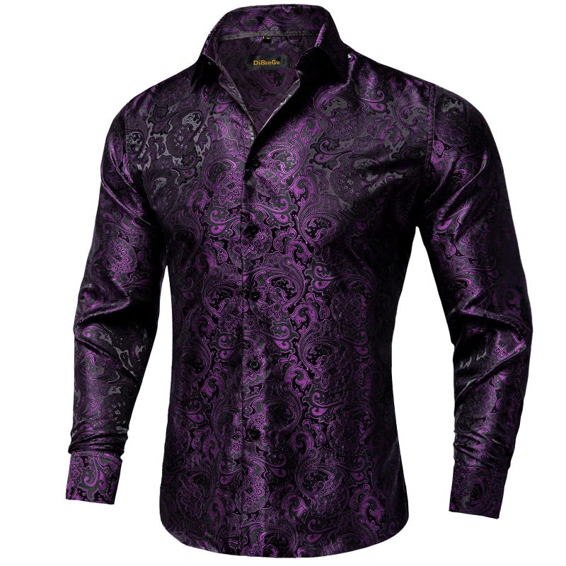 DiBanGu Mens Silk Paisley Dress Shirts,Long Sleeve Button Down Shirt Casual Regular Fit Shirt for Men Wedding Party, Black and Purple, Medium - Image 2