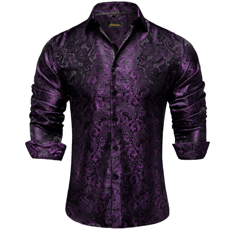 DiBanGu Mens Silk Paisley Dress Shirts,Long Sleeve Button Down Shirt Casual Regular Fit Shirt for Men Wedding Party, Black and Purple, Medium - Image 1