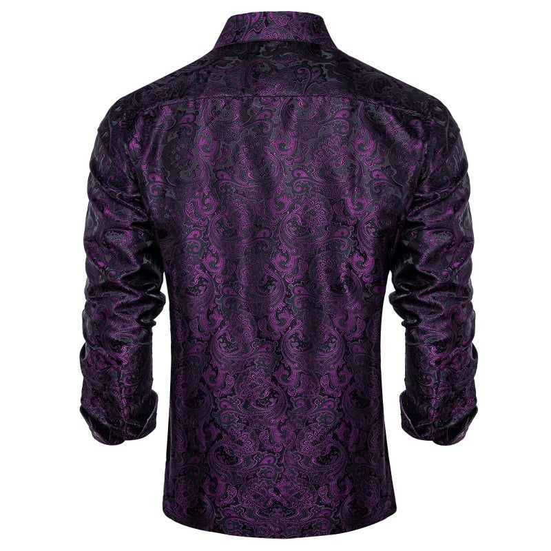 DiBanGu Mens Silk Paisley Dress Shirts,Long Sleeve Button Down Shirt Casual Regular Fit Shirt for Men Wedding Party, Black and Purple, Medium - Image 3