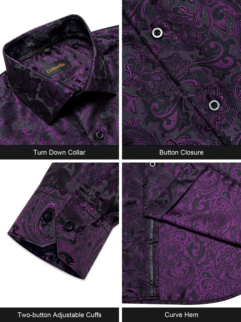 DiBanGu Mens Silk Paisley Dress Shirts,Long Sleeve Button Down Shirt Casual Regular Fit Shirt for Men Wedding Party, Black and Purple, Medium - Image 4
