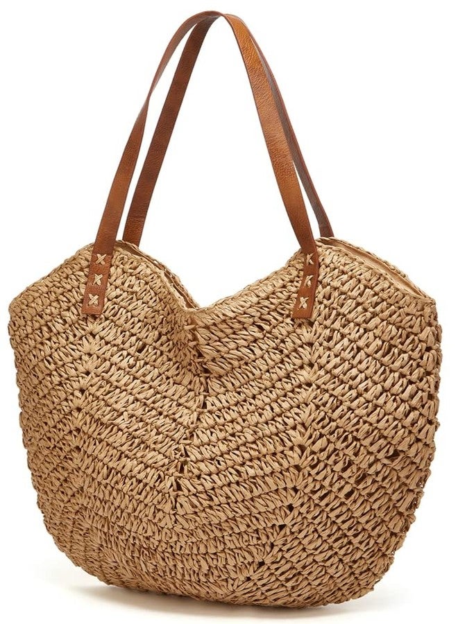 Caistre Summer Casual Straw Tote Bag Large Capacity Woven Shoulder Handbag for Summer Beach Vocation (A-Khaki) - Image 2