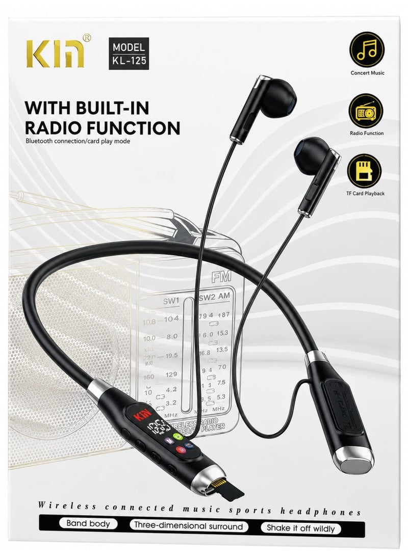 KIN KL 125 Bluetooth Neckband With FM Radio – 48H Playtime, 380 Days Standby, LED Display, TF Card Slot, Multifunction Button Control, Wireless Stereo Headset- Black colour