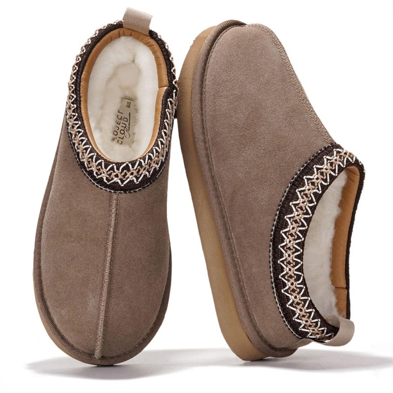 Project Cloud 100% Genuine Leather Womens Slippers w/Genuine Australian Shearling Fur Lining Slippers for Women - Non-Slip EVA w/Memory Foam Fuzzy Slippers Women Footwear (Nerita, Taupe, 5.5)