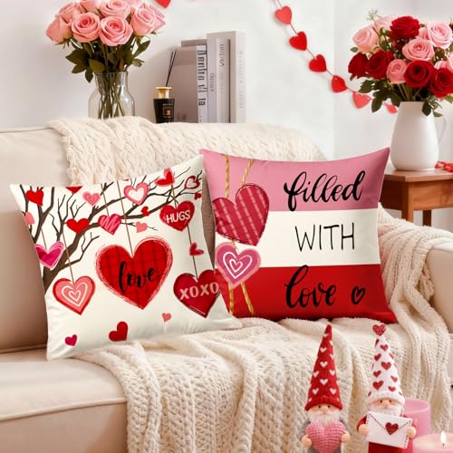 YOSICHY Valentines Decorations-Valentine Pillow Covers 18x18 Set of 4, Pink Red Hearts Be My Valentine Throw Outdoor Pillow Covers Anniversary Wedding Cushion Case for Home Sofa Couch Décor - Image 2