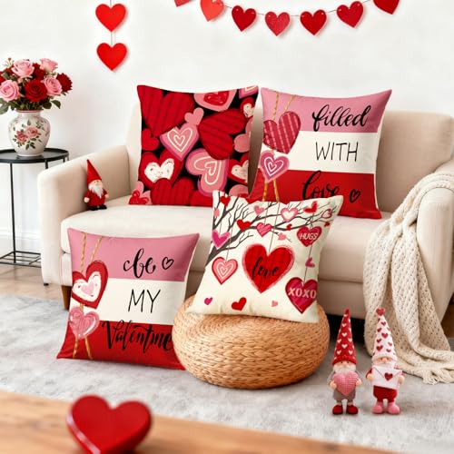 YOSICHY Valentines Decorations-Valentine Pillow Covers 18x18 Set of 4, Pink Red Hearts Be My Valentine Throw Outdoor Pillow Covers Anniversary Wedding Cushion Case for Home Sofa Couch Décor - Image 5