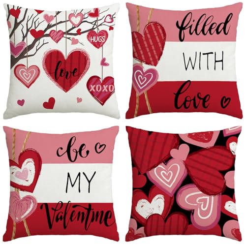 YOSICHY Valentines Decorations-Valentine Pillow Covers 18x18 Set of 4, Pink Red Hearts Be My Valentine Throw Outdoor Pillow Covers Anniversary Wedding Cushion Case for Home Sofa Couch Décor - Image 1