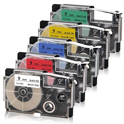Absonic 5-Pack Compatible Label Tape Replacement for XR-9WE XR-9RD XR-9BU XR-9YW XR-9GN Tape Cassette for KL-60 KL-100 KL-120 KL-750 KL-780 KL-7000 KL-8100 Label Maker, 3/8" x 26', 9mm x 8m - Image 1