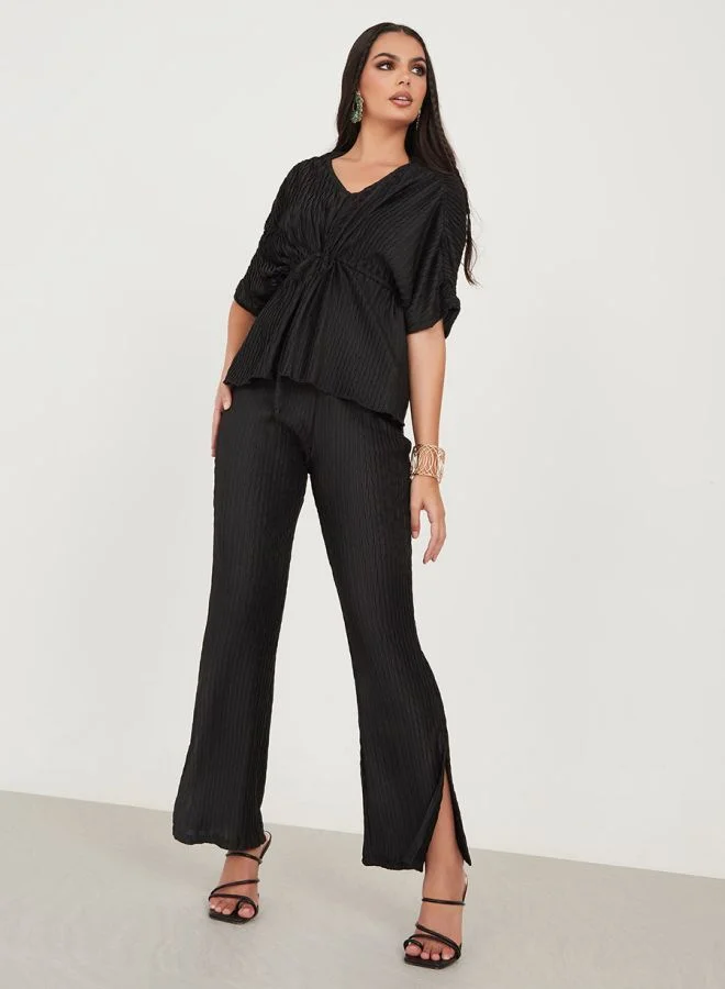 Styli Textured Drop Shoulder Top with Drawstring Waist