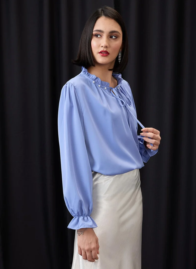 globus Globus Women Blue Pearl Detail Frilled Tie-Up Neck Bishop Sleeves Workwear Top
