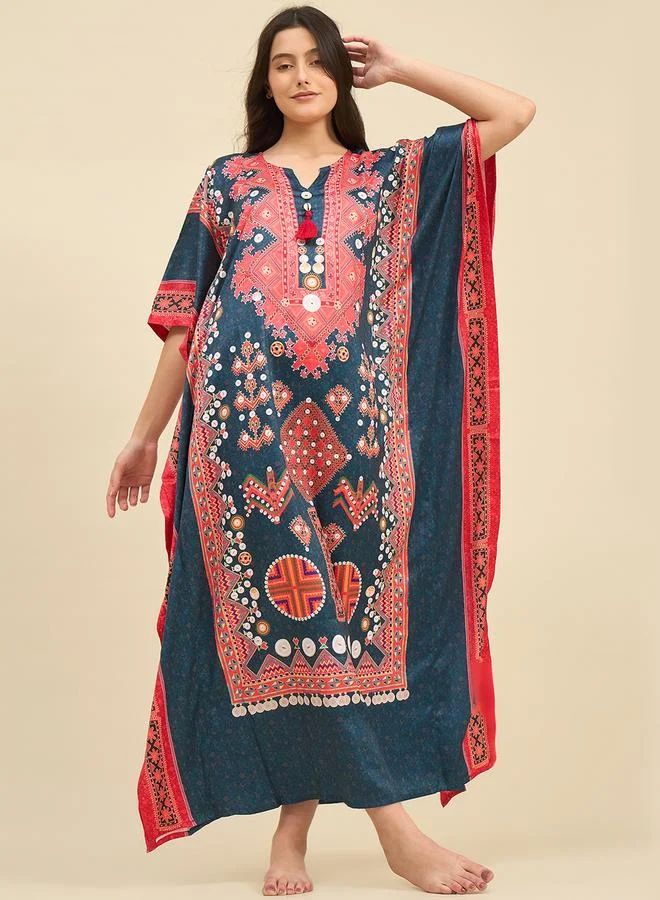 Take Two Printed Satin Kaftan Nightdress with 3/4 Sleeves By The Kaftan Company