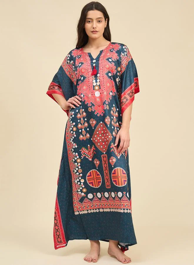 Take Two Printed Satin Kaftan Nightdress with 3/4 Sleeves By The Kaftan Company