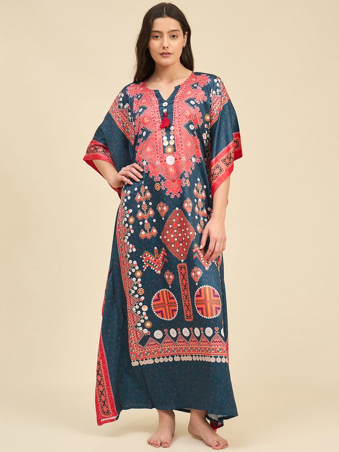 The Kaftan Company Printed Satin Kaftan Nightdress with 3/4 Sleeves - Image 2
