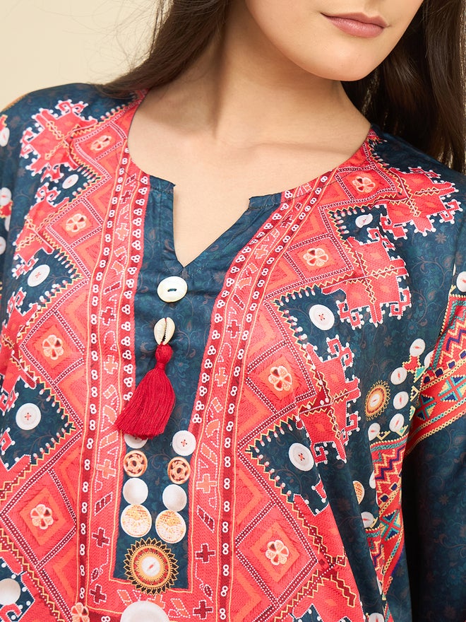 The Kaftan Company Printed Satin Kaftan Nightdress with 3/4 Sleeves - Image 4