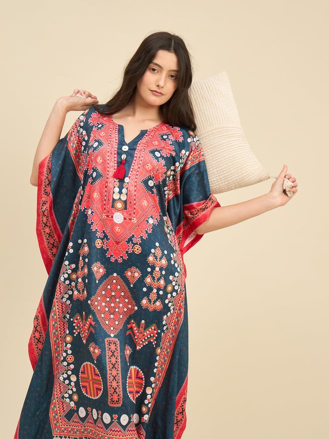 The Kaftan Company Printed Satin Kaftan Nightdress with 3/4 Sleeves - Image 3