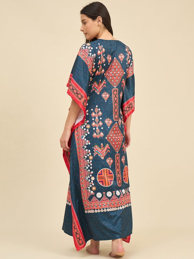 The Kaftan Company Printed Satin Kaftan Nightdress with 3/4 Sleeves - Image 5