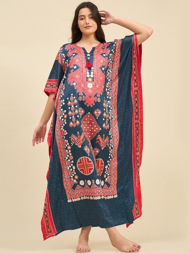 The Kaftan Company Printed Satin Kaftan Nightdress with 3/4 Sleeves - Image 1