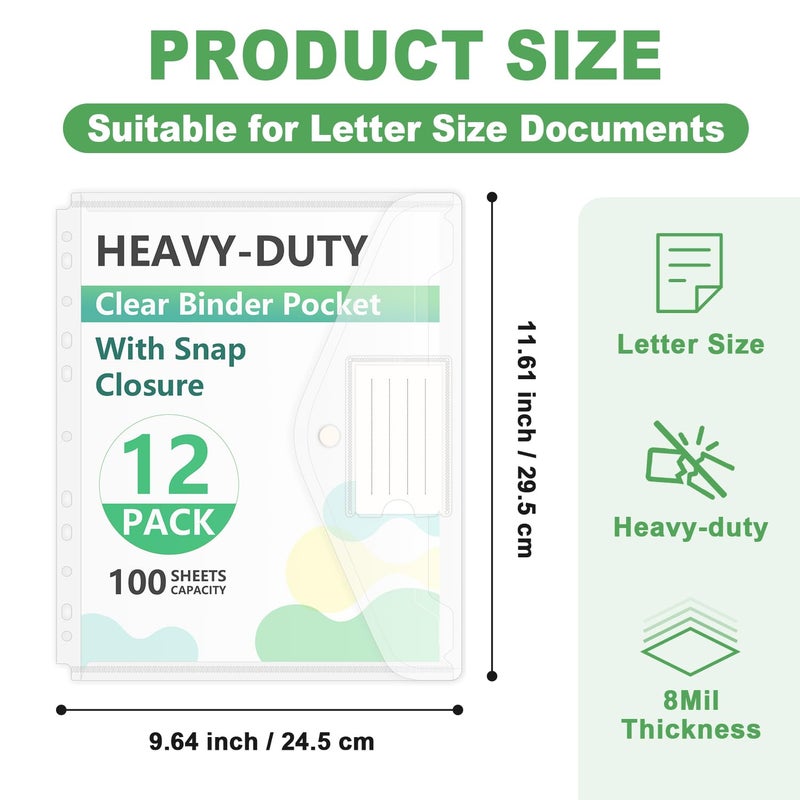 HOUYEE 12 Pack Clear Binder Pocket, 11 Holes Heavy-Duty Plastic Binder Pouch with Snap Closure for 2/3/4 Ring Binder, Clear Binder Folders for Office, 8 Mil,100 Sheet Capacity, Letter Size - Image 2