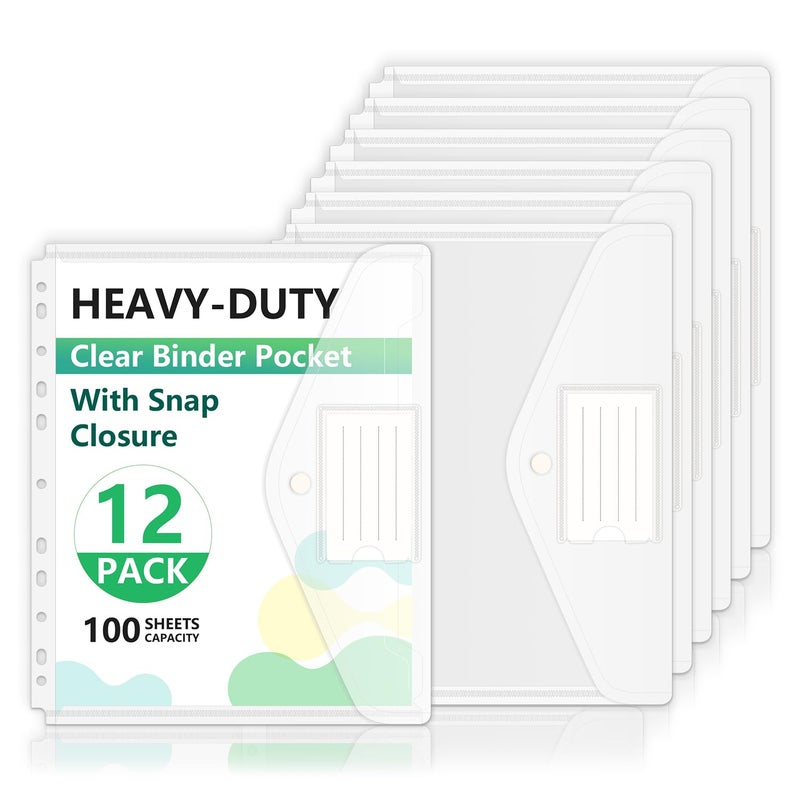 HOUYEE 12 Pack Clear Binder Pocket, 11 Holes Heavy-Duty Plastic Binder Pouch with Snap Closure for 2/3/4 Ring Binder, Clear Binder Folders for Office, 8 Mil,100 Sheet Capacity, Letter Size - Image 1