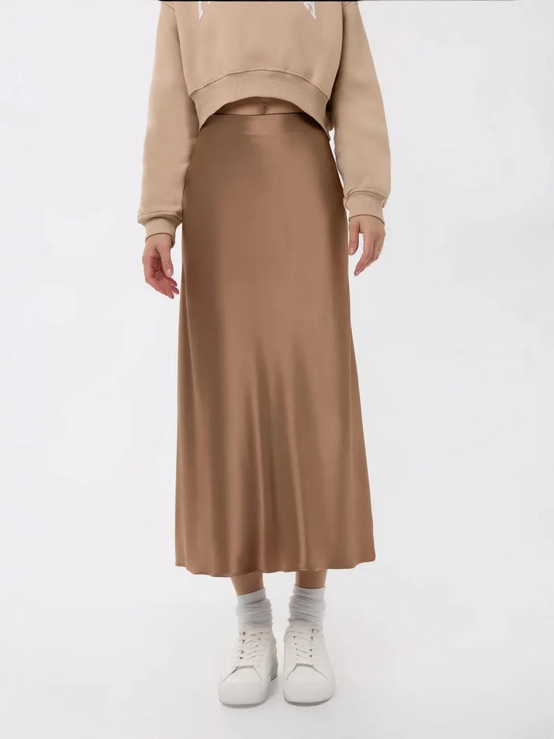 زوبعة تنورة ميدي ساتان بخصر مرتفع