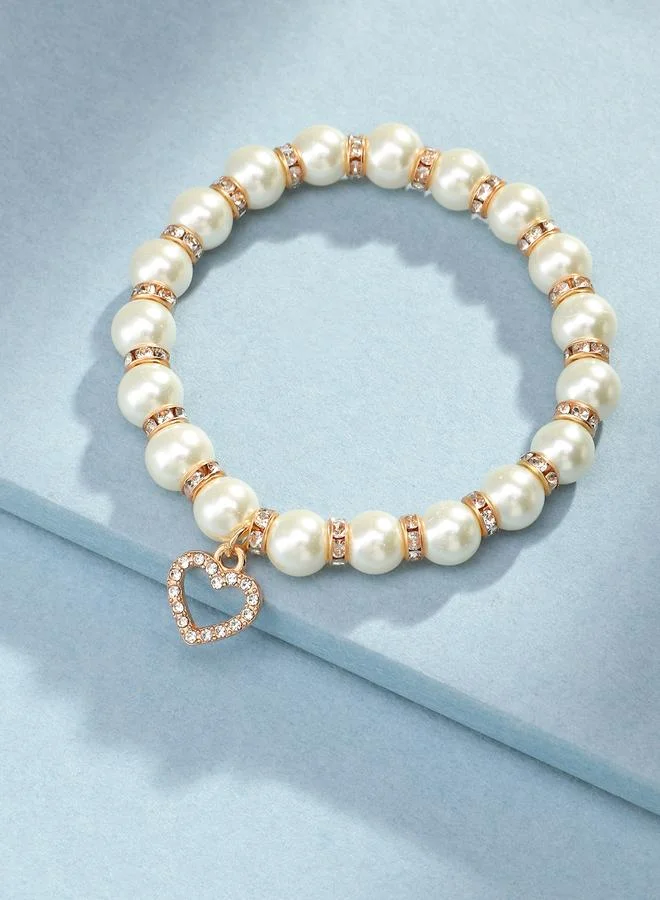 تايك تو White Pearl and Rhinestone Heart Charm Elastic Bracelet