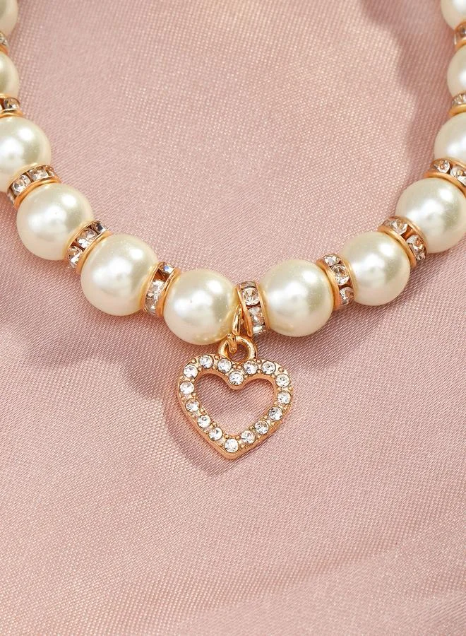 تايك تو White Pearl and Rhinestone Heart Charm Elastic Bracelet