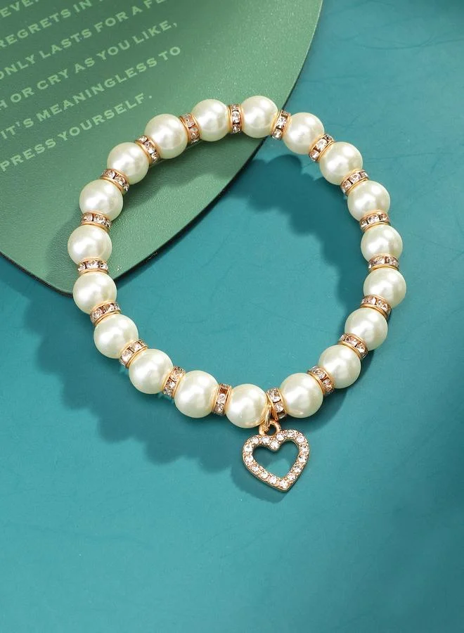 Take Two  White Pearl and Rhinestone Heart Charm Elastic Bracelet for Women | Best Price UAE