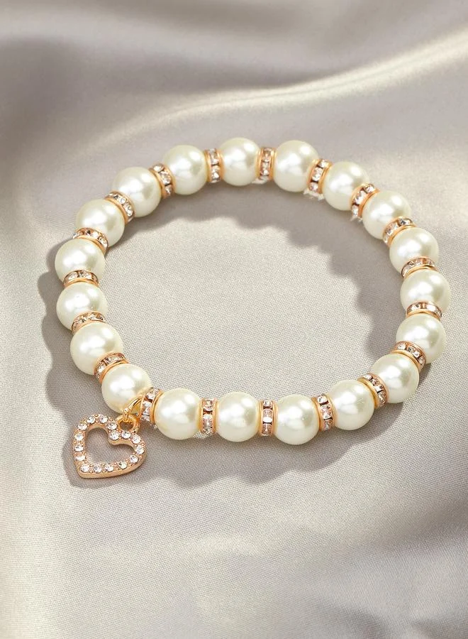 Take Two  White Pearl and Rhinestone Heart Charm Elastic Bracelet for Women | Best Price UAE