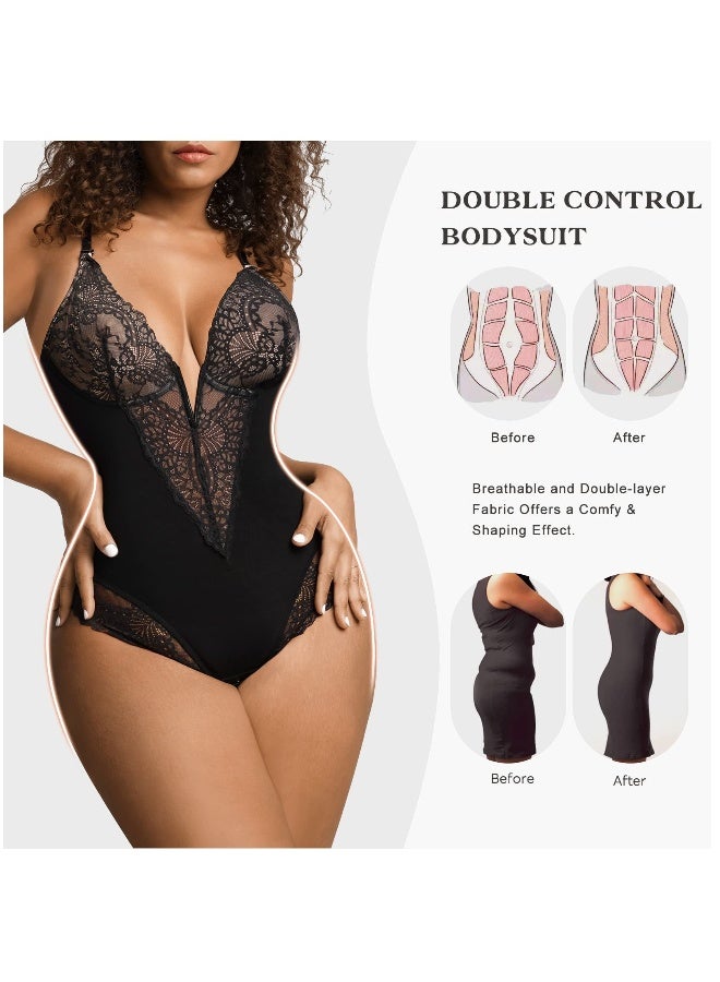 Lace Bodysuit for Women Tummy Control Shapewear Sleeveless Tops V-Neck Backless Camisole Jumpsuit Shaper - Image 2