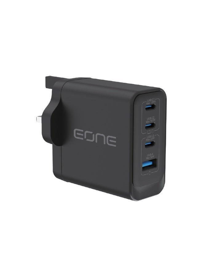 إيون شاحن EONE سريع بقدرة 100 واط بتقنية GaN، مزود بقابس بريطاني، شاحن جداري بأربعة منافذ (3 منافذ USB-C PD ومنفذ USB-A واحد)، يدعم الشحن السريع لأجهزة متعددة مثل الكمبيوتر المحمول والتابلت والهواتف الذكية - أسود - Image 1