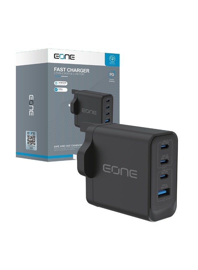 إيون شاحن EONE سريع بقدرة 100 واط بتقنية GaN، مزود بقابس بريطاني، شاحن جداري بأربعة منافذ (3 منافذ USB-C PD ومنفذ USB-A واحد)، يدعم الشحن السريع لأجهزة متعددة مثل الكمبيوتر المحمول والتابلت والهواتف الذكية - أسود - Image 4