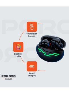 porodo Gaming Earbuds Ultra Low Latency with Dual Mic ENC and RGB Lights / Game Music & calls / Smart Touch Controls - Black  - Image 2