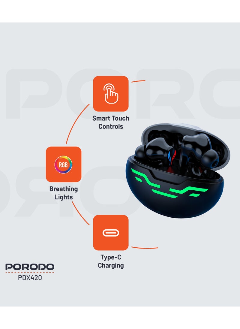 porodo - Gaming Earbuds Ultra Low Latency with Dual Mic ENC and RGB Lights / Game Music & calls / Smart Touch Controls - Black - Image 1