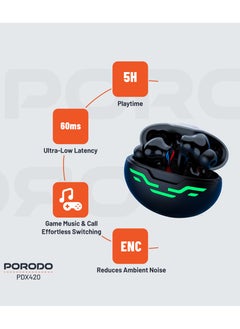 porodo Gaming Earbuds Ultra Low Latency with Dual Mic ENC and RGB Lights / Game Music & calls / Smart Touch Controls - Black  - Image 3