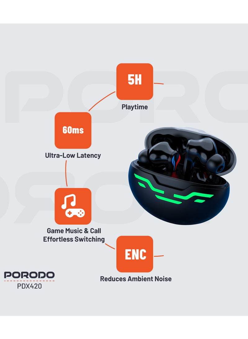 porodo - Gaming Earbuds Ultra Low Latency with Dual Mic ENC and RGB Lights / Game Music & calls / Smart Touch Controls - Black - Image 1