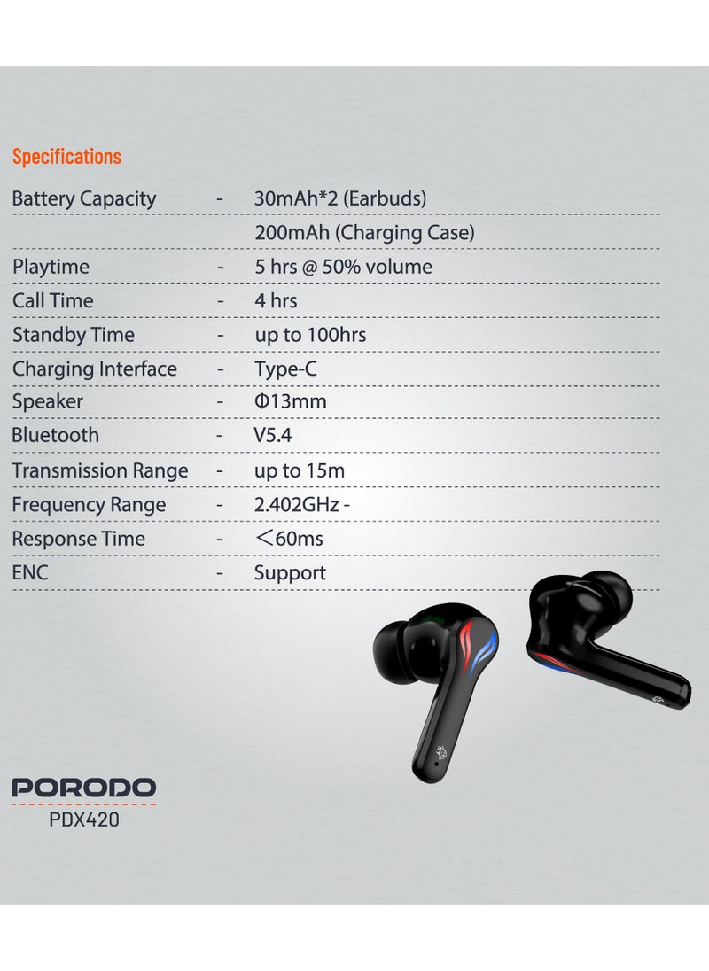 porodo - Gaming Earbuds Ultra Low Latency with Dual Mic ENC and RGB Lights / Game Music & calls / Smart Touch Controls - Black - Image 1