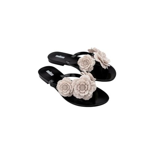 Melissa Harmonic Springtime Women's Flip Flops - Feminine & Trendy Jelly Flip Flops with Flower Applique, Slip On Summer Sandals for Women, Adult Jellies, Women's Jelly Shoes, Black/Beige, 5 - Image 2