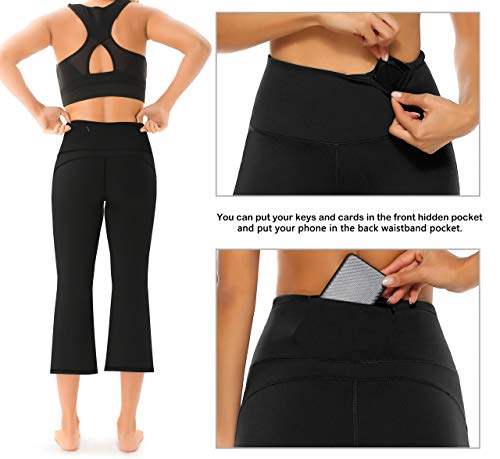 AFITNE Yoga Pants for Women Bootcut Capris with Pockets High Waisted Flare Workout Bootleg Yoga Crop Flared Long Athletic Gym Pants Black - L - Image 3