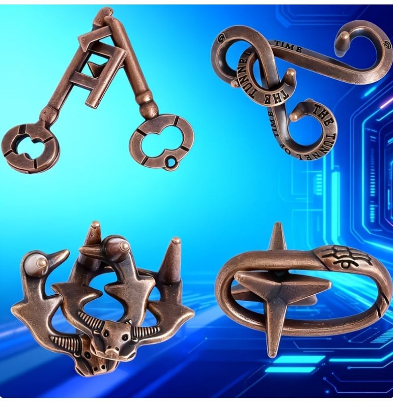 Magic Golden 4 Piece Metal Brain Teaser Set Logic Thinking Stress Relief Toy - Image 4