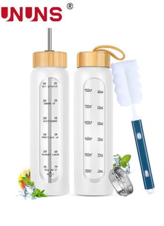 UNUNS 1L Motivational Glass Water Bottle with Time Marker & Silicone Sleeve &  Straw & Bamboo Lids & Fruit Infuser , Leak Proof Reusable BPA Free Motivational Drinking Jug Water Jug  - Image 1