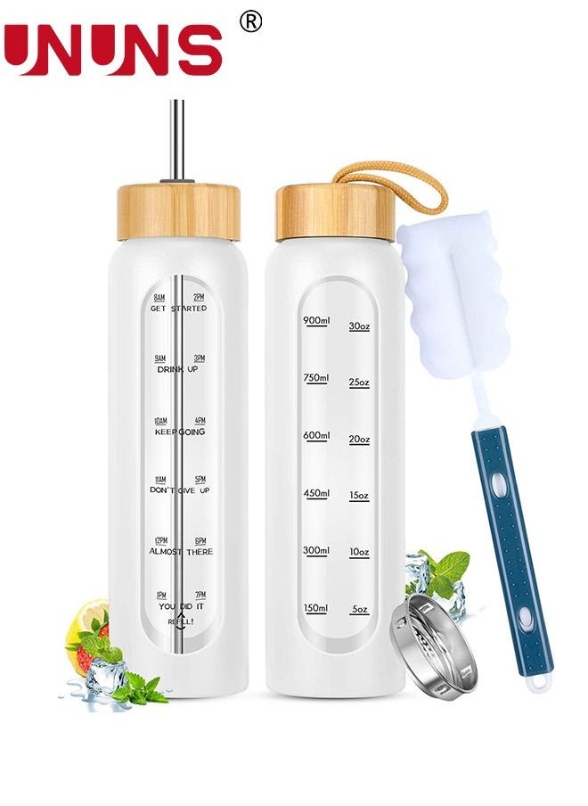 UNUNS 1L Motivational Glass Water Bottle with Time Marker & Silicone Sleeve &  Straw & Bamboo Lids & Fruit Infuser , Leak Proof Reusable BPA Free Motivational Drinking Jug Water Jug  - Image 1